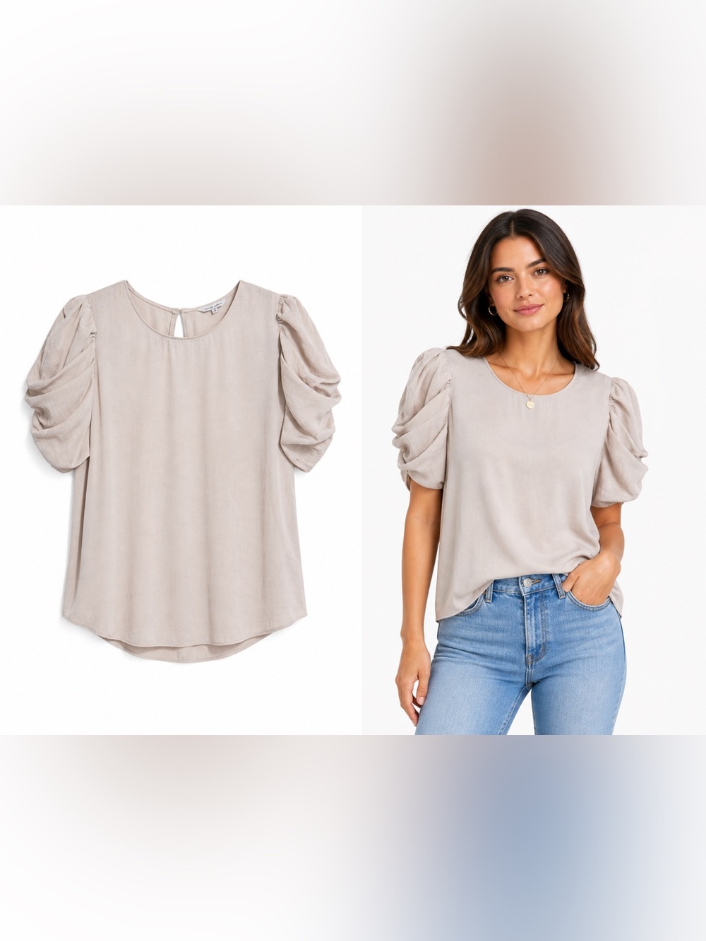 Naked Zebra Neutral Taupe Puff-Sleeve Blouse